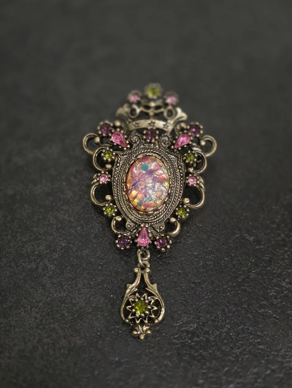 Vintage Sarah Coventry Contessa Brooch Pendant 1970s Faux Opal Rhinestone